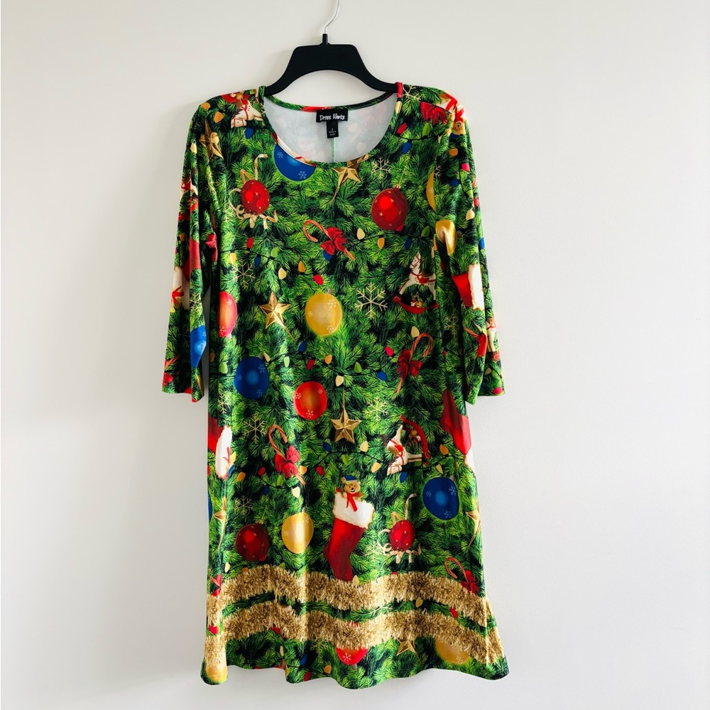 Womens Ugly Christmas Dress Christmas Tree Ornament Long Sleeve Knit Swing Small
